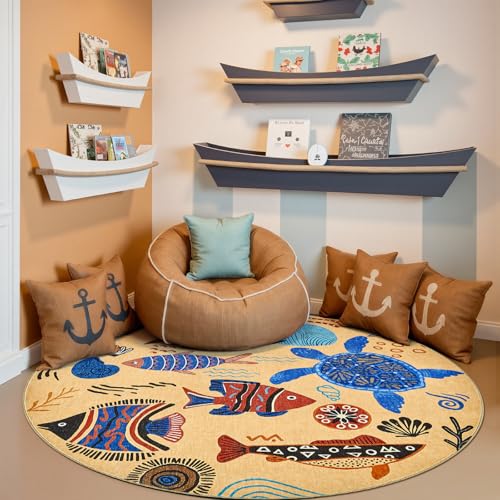 5ft Coastal Round Rug Washable Kids Rug Colorful Ocean Fish Mat Tan (19.63 Sq Ft)