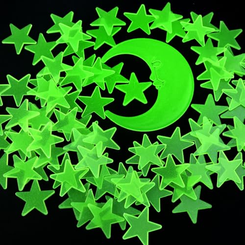 100 Stars and 1 Moon Glow in The Dark Luminous Fluorescent 3D Plastic Glow Stars Moon for Ceiling (101 Count)