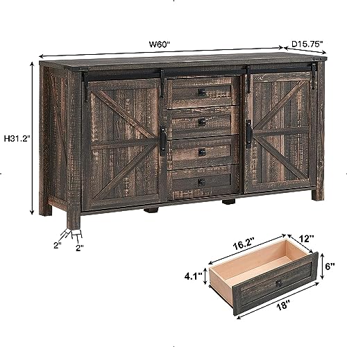 60 Inch Farmhouse Dresser with 4 Drawers and Sliding Barn Doors