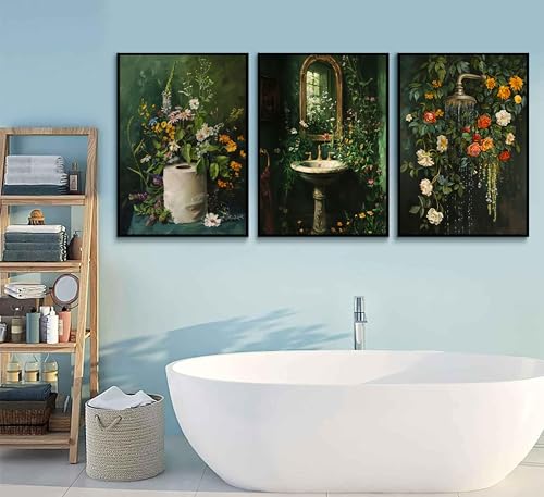 3Pcs Vintage Dark Green Bathroom Wall Art Shower Toilet Paper Roll Floral Poster Print Modern Farmhouse plants Painting Picture Wall Decor For Bathroom Living Room Decoration Unframed (3 Count)