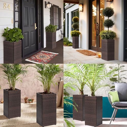 Set of 2 Tall Planters for Outdoor Plants Handmade 24'' Wicker Tall Square Planter Box with Removable Liners Modern Planter for Indoor Outdoor Garden Patio Front Porch (2 Count)