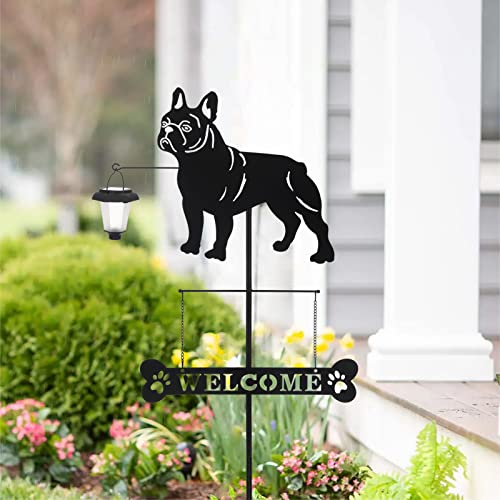 Solar French Bulldog Dog Breed Silhouette Welcome Sign with a Lantern