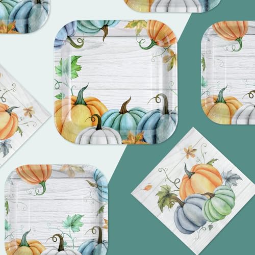 200Pcs Fall Plates and Napkins Square Blue Pumpkins Plate Thanksgiving Paper Plates Pumpkin Wood Grain Dinnerware for Baby Shower Fall Harvest Family Thanksgiving Party Decorations (200 Count)