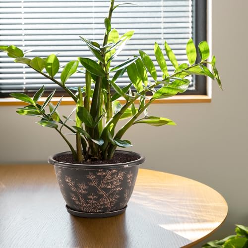 12-inch-Flower-Pots-Outdoor-Indoor, 4 Pack Plastic Planter Pots for Plant with Drainage Hole Saucer, Decorative Resin Garden Container with Tray (4 Count)