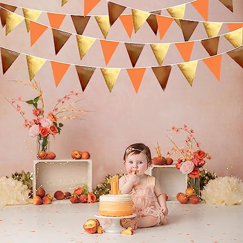 Fall Party Decorations Orange Gold Brown Metallic Fabric Triangle Pennant Banner Flag Bunting Garland for Autumn Fall Thanksgiving Wedding Birthday Bridal Shower Engagement Graduation Party Supplies (36 Count)