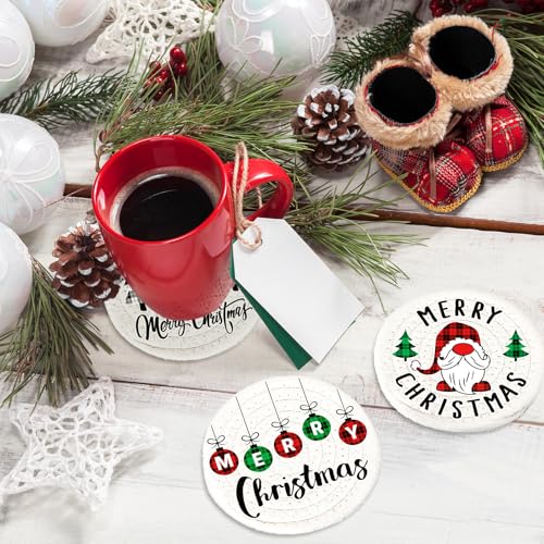 4Pcs Merry Christmas Cup Coasters Handmade Braided Cotton Drink Coasters Xmas Buffalo Plaid Anti Slip Absorbent Tabletop Protection for Home Office Party Tableware (4 Count)