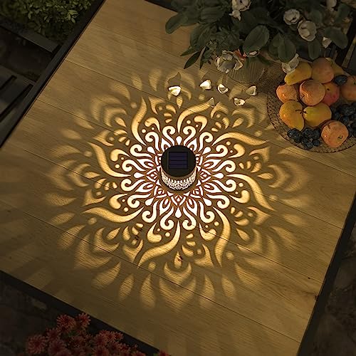 2 Pack Solar Fence Lights Metal Solar Powered Outdoor Deck Step Wall Lights Mandala Theme Waterproof Fence Light for Garden Post Patio Backyard Yard Decor (2 Count)