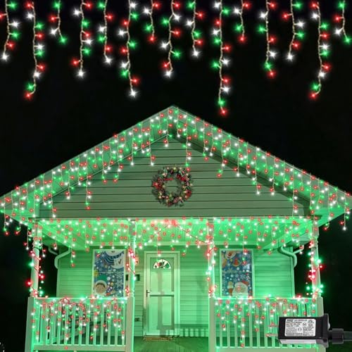 1200 LED Icicle Lights Red White and Green (99 Foot)