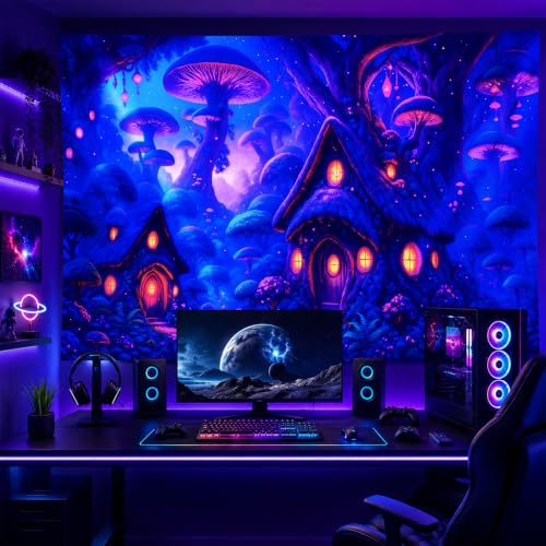 Blacklight Tapestry Mushroom Fairy UV Wall Art 78 x 59 Inch