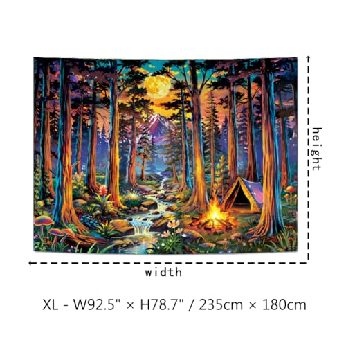 Blacklight Fantasy Forest Tapestry UV Reactive Galaxy Space Moon Tapestry Trippy Pine Trees Wall Tapestries Nature Landscape Mountain River Tapestries Wall Hanging for Bedroom
