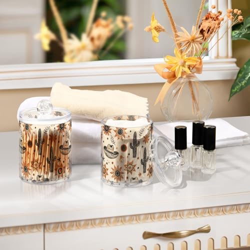 2 Pack Qtip Holder Organizer Dispenser Western Cowboy Hats Suns Cactus Bathroom Storage Canister Cotton Ball Holder Container for Cotton Pads (2 Count)