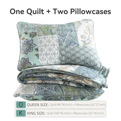 3 Piece Quilt Set Queen Size Patchwork Paisley Turquoise Floral