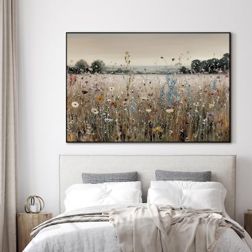 46"x72" Extra Large Framed Wall Art Wildflower Meadow Landscape Soft Pastel Field Illustration for Home Living Room Bedroom Decor