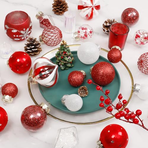 34PCS Red White Christmas Ball Ornaments Set for Tree Decorations (34 Count)