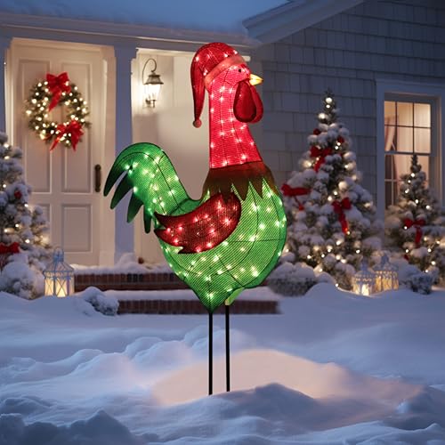 6FT Lighted Rooster with Christmas Hat for Outdoor Christmas Decorations