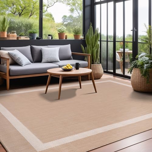 Bordered Outdoor Rug 5x7 Washable Outside Carpet for Indoor Patio Porch Waterproof Easy Cleaning Non Shedding Area Rugs Beige 5 x 7