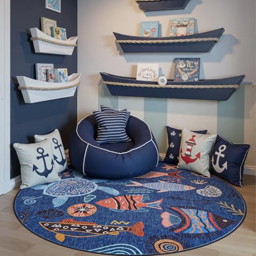 4ft Coastal Round Rug Kids Washable Fun Rug Colorful Ocean Fish Small Mat Non Slip 4' Round Soft Circle Mat Lightweight Cozy Carpet for Bedroom Nursery Playroom Dorm Daycare Bathroom Blue
