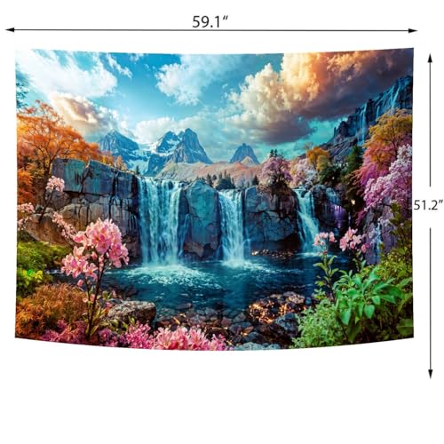 Waterfall Tapestry Tropical Forest Mountain Sunset Tree Wall Hanging Tapestry Scenic Rainforest Landscape Nature Sunrise Headboard for Bedroom Living Room Home Decor