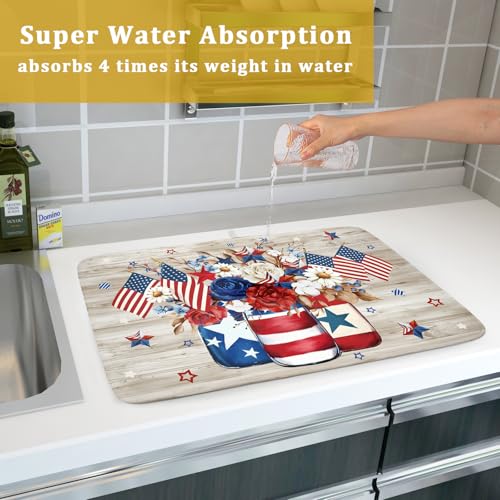 4th of July Dish Drying Mat for Kitchen Counter Patriotic Floral Super Absorbent Reversible Microfiber Kitchen Countertop Protector Dishes Pad Large 18x24 inch