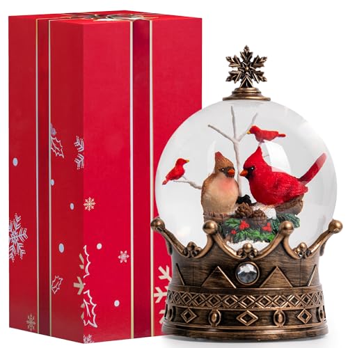 Christmas Snow Globe Lantern Water Glittering Cardinal Crown with Music