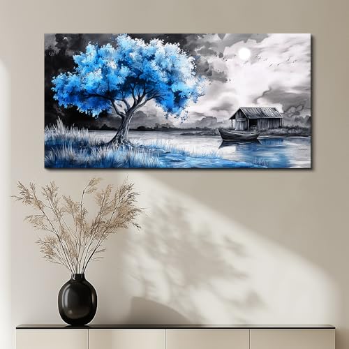 Large Wall Art For Living Room Blue Wall Decor For Bedroom Black White And Blue Trees Wall Pictures Restaurant Office Frame Printing Canvas Large Artwork Modern Home Decoration 30x60 in