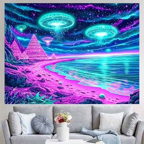 Blacklight Tapestry Alien UFO Room Decor 78 x 59 Inch