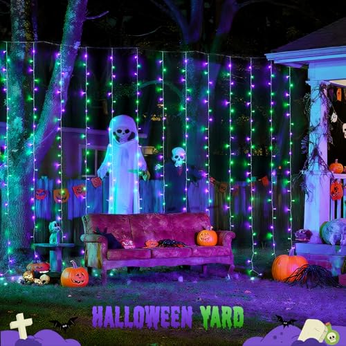300LED Purple & Green Curtain Lights for Halloween Decor (9.8 Foot)
