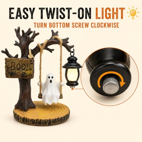 Halloween Hanging Ghost Decoration Swinging Ghost Ornament with Lantern and Boo Sign Rustic Tree Decor Spooky Halloween Party Prop for Home Room Office Porch Garden Seasonal Decoration