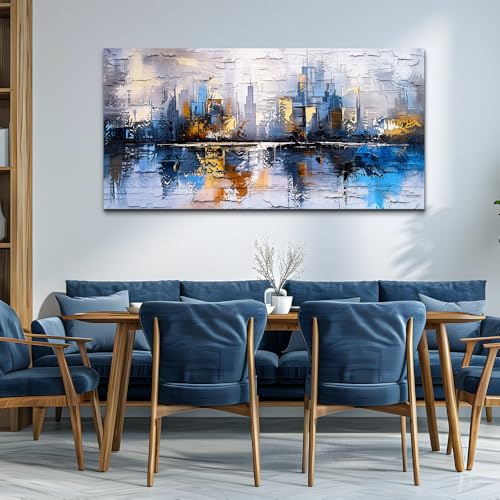 Abstract City Oil Painting Large Home Decor Mural Living Room Bedroom Modern Printed Canvas Wall Art Yellow Blue Graffiti Mural Office Corridor Can Be Directly Hung Wall Decor 24 X 48 In