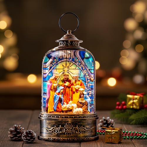 Christmas Snow Globe Water Lantern with Nativity Scene Battery Operated or USB Powered Musical Lighted Holiday Decoration for Tabletop Display for Family and Friends