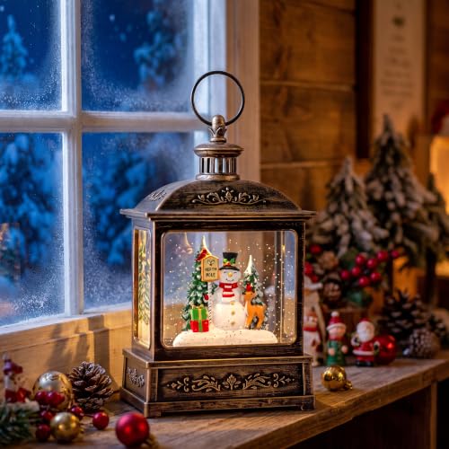 Christmas Snow Globe Lantern Water Glittering North Pole Snowman with Music & Timer