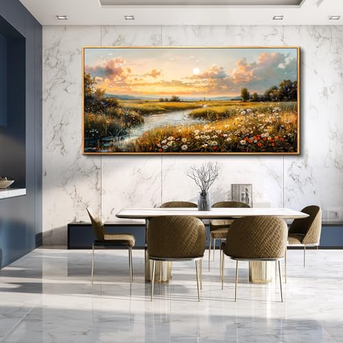 Large Wood Framed Wall Decor For Living Room Canvas Wall Art For Office Modern Wall Decorations For Bedroom Sunset Landscape Painting Farmhouse Pictures Artwork Room Home Decor 24x48 In