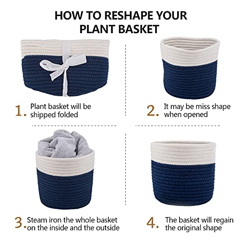 Cotton Rope Woven Baskets for 6" Pot White Stitching Navy Blue