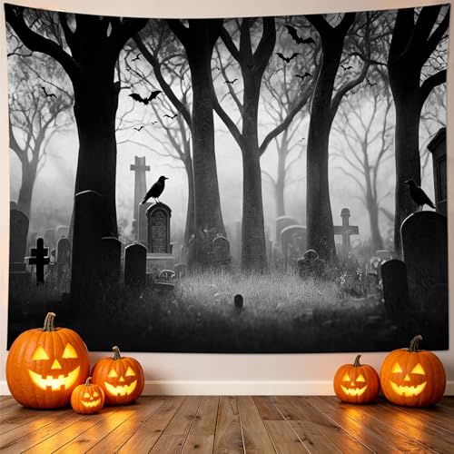 Spooky Halloween Cemetery Tapestry Scary Tombstone with Dead Trees Forest Tapestry Wall Hanging Horror Ghost Party Background Tapestry for Bedroom Living Room Dorm 92.5Wx70.9L Inches