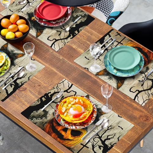 Halloween Black Cat Pumpkin 12x18 Placemats Set of 4 Happy Halloween Bat Branch Linen Table Place Mat Seasonal Fall Washable Heat Resistant Non Slip Table Placemats for Party Kitchen Dining Decor (4 Count)