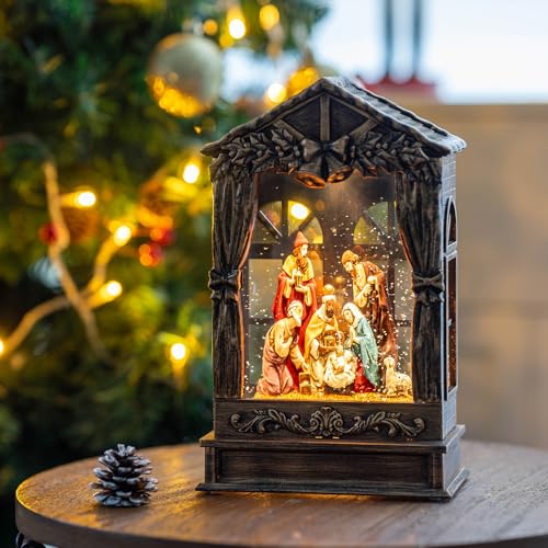 Three Kings Three Saints Window Christmas Snow Globe Swirling Glittering Nativity Figurines Manger Scene