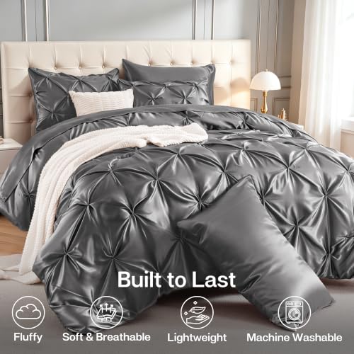 Satin Queen Comforter Set Dark Grey