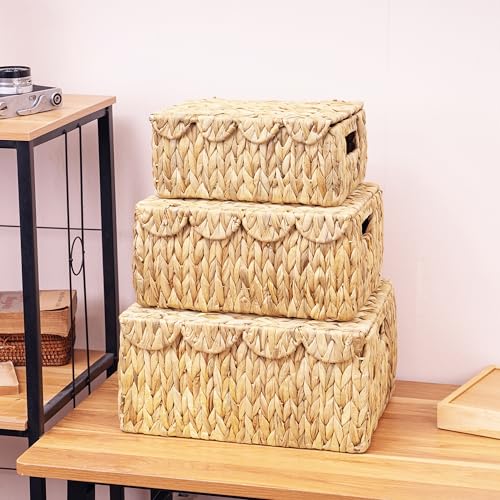 Set of 3 Scalloped Edge Wicker Basket with Lid