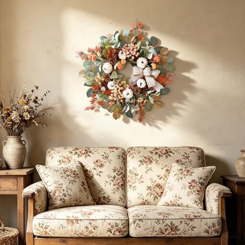 24 Inch Farmhouse Fall Wreath for Front Door with White Pumpkin