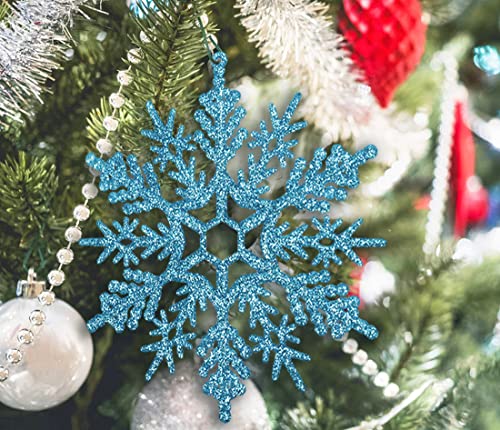 6pcs Large Snowflakes Ornaments Blue 12” Big Plastic Glitter Snowflake for Winter Indoor Outdoor Christmas Tree Window Room Decorations Giant Craft Snowflakes (6 Count)