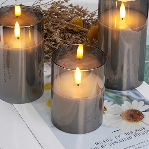 Gray Glass Flameless LED Candles Battery Operated with Remote Timer (3 Count)