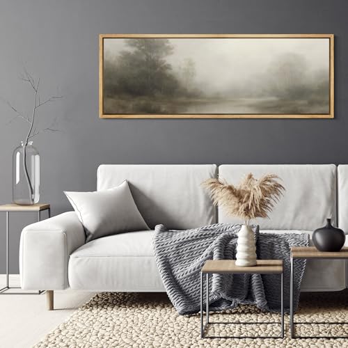 Large Framed Canvas Print Wall Art Misty Forest River Landscape Neutral Tones Nature Illustrations Decorative Colorful for Bedroom