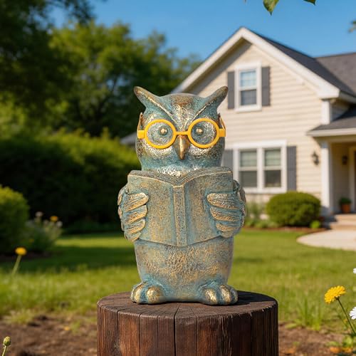 Reading Owl Statue with Solar Glasses Garden Decor Gift for Women