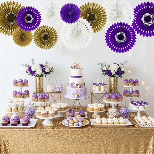 Honeycomb Round Paper Fans Purple Gold Hanging Party Decoration (11 Count)