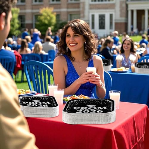 200 Pcs 2026 Prom Graduation Party Supplies Black and Silver Prom Plates and Napkins Prom Send Off Decorations 2026 Tableware Sets for Class of 2026 Prom Congrats Grad Party Decorations Serves 50 (200 Count)