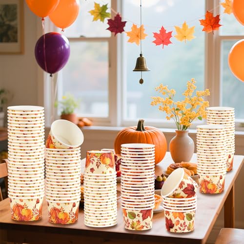 120 PCS Fall Paper Cups 12 oz Maple Leaves Pumpkin Snack Bowls Disposable Autumn Thanksgiving Dessert Cups for Fall Thanksgiving Halloween Harvest Party Snacks Candies Party Supplies (12 Count)