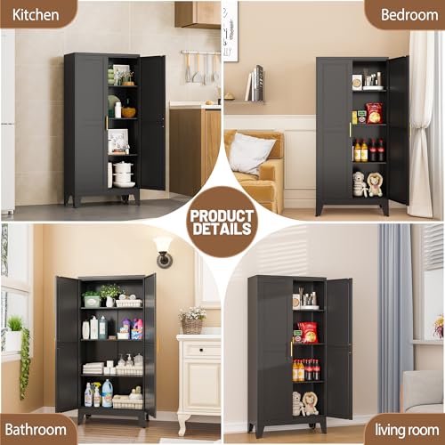 Metal Kitchen Pantry Storage Cabinet with 2 Doors and 3 Adjustable Shelves