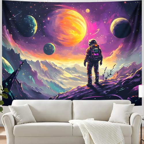 Blacklight Space Astronaut Tapestry UV Reactive Galaxy Planet Glow in Dark Tapestries Black Light Poster Neon Wall Hanging Art for bedroom Living Room