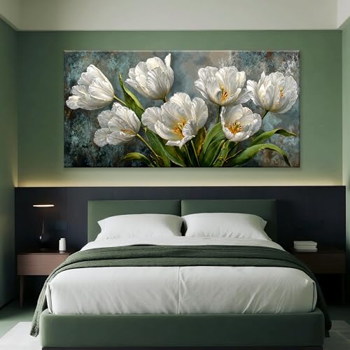Oversized Canvas Wall Art Decor White Tulip Flower Canvas Art Wall Decor For Living Room Modern Floral Botanical Wall Art Prints Elegant Nature Flower Wall Art For Bedroom Home Office Decor 29"×58"