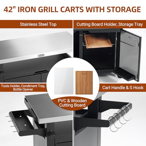 Outdoor Grill Cart with Storage Cabinet Metal Kitchen Island Prep Table with Movable Universal Wheels and Stainless Steel Top for Outside BBQ Backyard Include Hooks Spice Rack